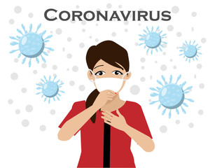 Woman wearing face mask suffering from sore throat from coronavirus  (COVID-19) and particulate matter(PM2.5)air pollution.Isolated on white background.Vector Illustration.Idea for virus outbreak and 