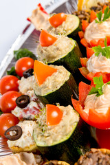 plate with meat, meatballs, vegetables, cheese, spices and bread