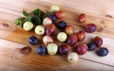 Plums and nectarines on table