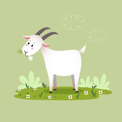 Vector illustration cartoon goat eating the grass.
