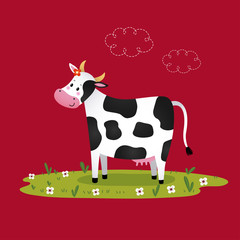 Vector illustration cartoon black and white cow in a grassy field.