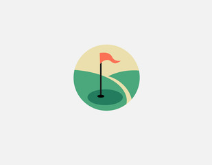 Abstract logo icon round shape, field and flag, golf.