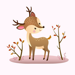 Vector illustration of a cartoon deer on pink background.