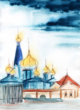 Watercolor beautiful cathedral with plenty of domes with spires glowing with yellow against background of dramatic beautiful sky with dark cloudscape. Hand drawn illustration of Christian church