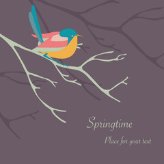 Vector spring card template  with a colourful bird sitting on a branch. Bright background