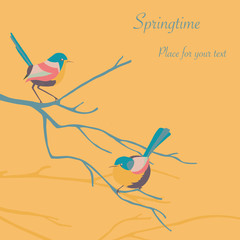 Vector spring card template  with a colourful bird sitting on a branch. Bright background