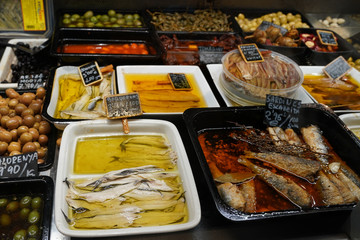 Display of marinated fish in tray such as Anchovy, Sardine