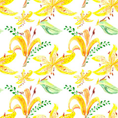 watercolor pattern, yellow lilies, flowers, summer