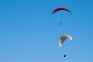 Paraglider in the sky. Parachute. Pilot. Free fall. Blue sky