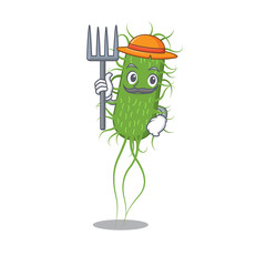 Cartoon character design of e.coli bacteria as a Farmer with hat and pitchfork