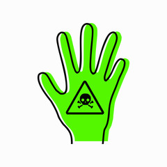 Obraz premium Poisoning a person. Intoxication of limbs. Contour silhouette of hand with poison icon and green silhouette on white background. Danger of exposure. Vector object for icons, logos, infographics