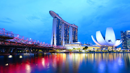 SINGAPORE-2019-11-20:Marina bay sands and business distirct in night time beside riverside at Singapore.