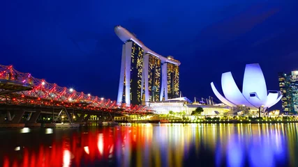 Wall murals Helix Bridge SINGAPORE-2019-11-20:Marina bay sands and business distirct in night time beside riverside at Singapore.