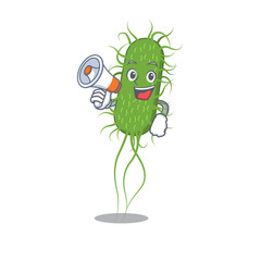 Cartoon character of e.coli bacteria having a megaphone