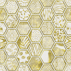Naklejki  Złoty i biały wzór patchworku na sześciokątnych płytkach, grunge tekstur, ilustracja 3d