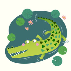 Vector illustration of a cute crocodile in the pond.