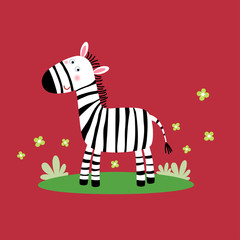 Vector illustration of a cute zebra standing in the grass on red background.