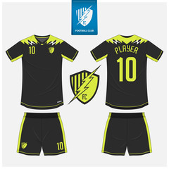Soccer jersey or football kit mockup template design for sport club. Football t-shirt sport, shorts mock up. Soccer uniform in front view, back view . Soccer logo in flat design. Vector Illustration.