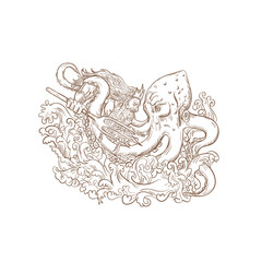 Drawing sketch style illustration of Roman god Neptune or Poseidon, Greek god of the sea, with trident and crown fighting a Kraken, giant octopus on isolated white background.