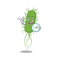 E.coli bacteria mascot design concept smiling with clock