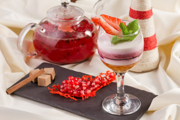 Delicious strawberry sweet cream cheese deserts in glass