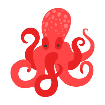 Big red octopus or cephalopod mollusk.Vector clipart in flat style on a white background.Sea animal for design, logo of the aquarium, pool, beach, aquatic store.A cute animal with eight long tentacles