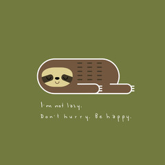 Vector illustration of lovely lazy sloth in linear geometric style lying on a green background. Be happy for card design, t-shirt or textile print. © kankhem