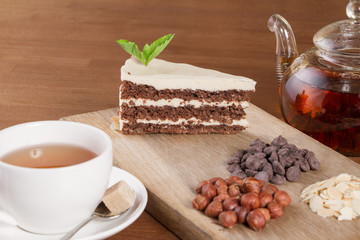 Slice of chocolate cake on plate