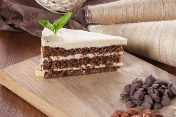 Slice of chocolate cake on plate