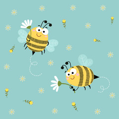 Vector illustration cute bees flying with flowers elements on blue background.