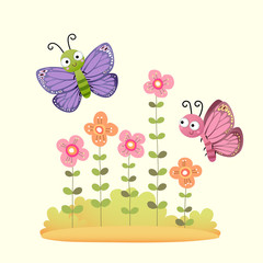 Vector illustration of the cute butterflies flying over the flowers garden.