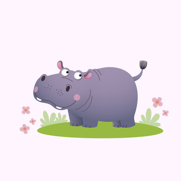 Vector illustration cute cartoon hippopotamus on green grass.