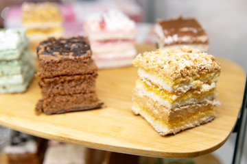 Sponge cakes on a wooden board.