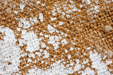 Closeup texture of a roughly painted white and light green canvas lying on a wooden surface. Background for fabric texture. Universal background.