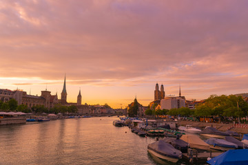 Cityscape of beautiful Zurich city in sunset time.