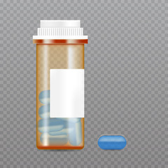 Realistic pills bottle.  Pharmaceutical product packaging mockup. Vector  illustration