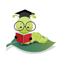 Vector illustration cute cartoon caterpillar worm wearing graduation mortarboard hat and glasses reading a book on the leaf.