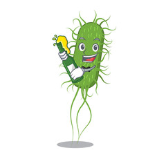 Mascot character design of e.coli bacteria say cheers with bottle of beer