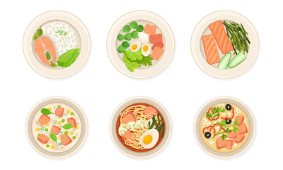 Dishes with Salmon Fish and Greenery Vector Set