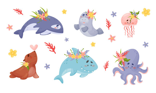 Cute Marine Creatures with Flowers on their Heads Vector Set