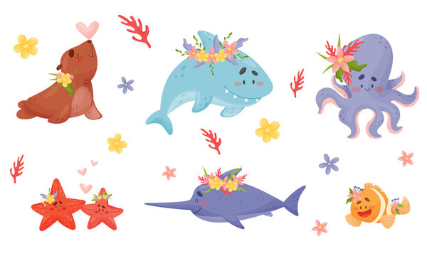 Cute Marine Creatures with Flowers on their Heads Vector Set