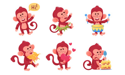 Funny Cartoon Monkey Dancing and Playing Drum Vector Set