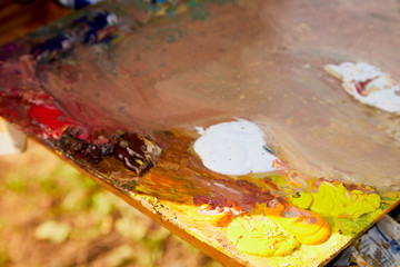Palette with paints in nature outdoors in a day