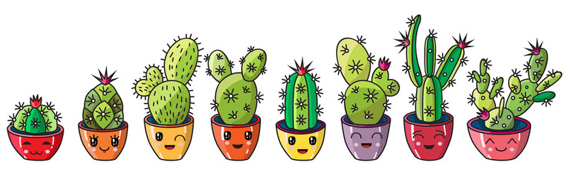 Vector illustration of a set of different succulents and cacti. Kawaii cute style. Big set for background, packaging paper, stickers