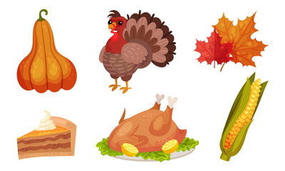 Thanksgiving Holiday Symbols and Attributes with Turkey Bird and Pumpkin Pie Vector Set