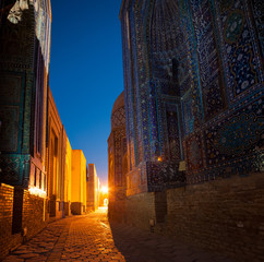 Ancient complex of buildings at the city of Samarkand in Uzbekistan at night