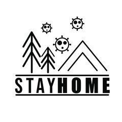 Vector graphic of line art trees and house surrounded by virus perfect for persuasive poster to make people stay home to avoid the corona virus outbreak