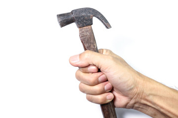 Hand holding hamer on white background