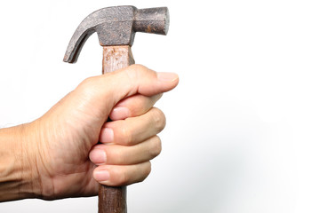 Hand holding hamer on white background
