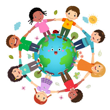 Group of kids holding hands together around the world with World Environment Day concept.